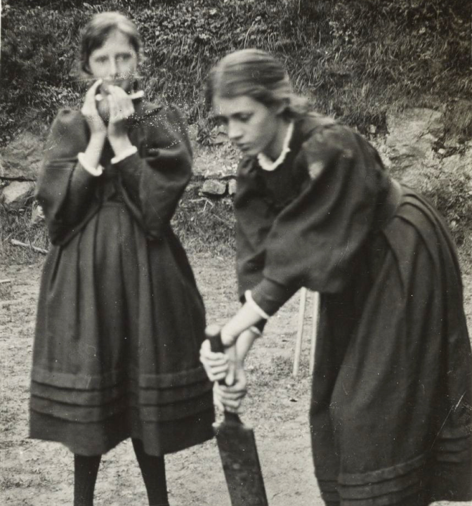 A photograph of Virginia Woolf and Vanessa Bell playing cricket at Talland House, dated 1894.